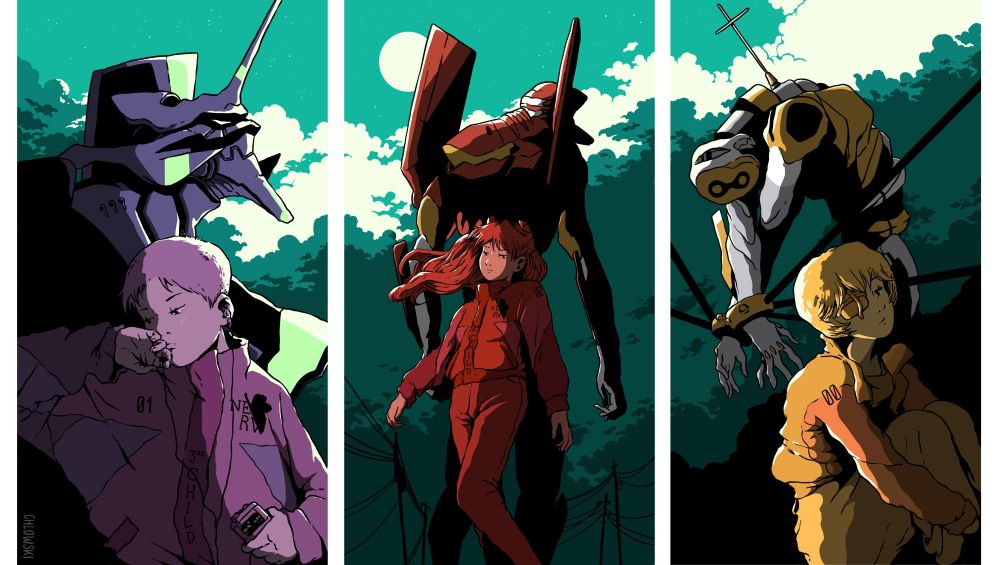 Evangelion fanart, triptych showing Shinji, Asuka & Rei with their respective Eva, in purple, red & yellow, with a green cloudy night sky behind them