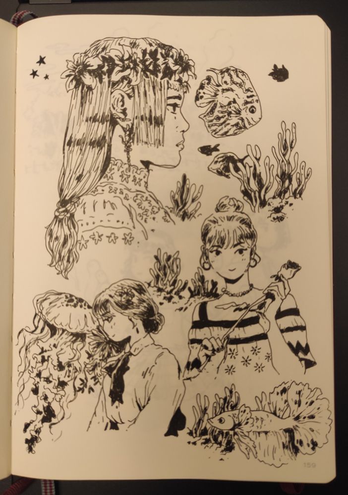 Pic of a sketchbook page with ink drawings on it : various women, with fishes, a jellyfish, algae