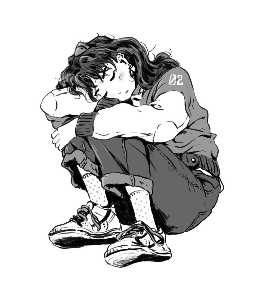 fanart of Asuka from Evangelion, curled up sleeping, wearing jeans, sneakers, a sort of bomber jacket with the number 02 on the left shoulder