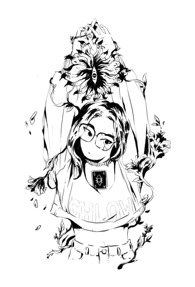 young girl (probably named Amalia) wearing some crop sweater and glasses, surrounded by a growing plant with flowers, and a giant eye at the center of another large flower above her head