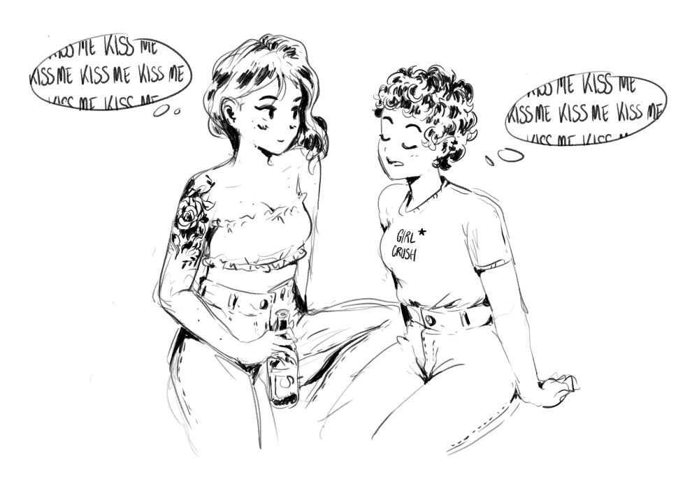 rough sketch drawing of two lesbians chatting, sitting next to each other, both of them thinking "kiss me kiss me kiss me" on repeat and none of them will ever make a move cause I guess lesbians can't have anything good on this wretched piece of rock