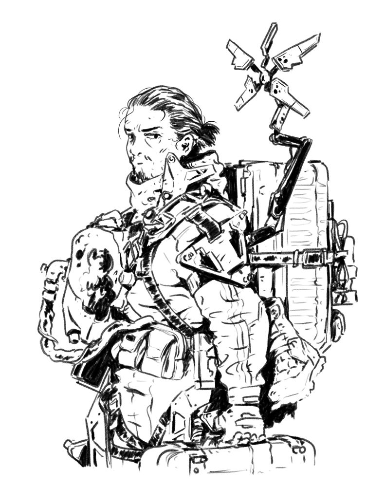 sketch study of Sam Porter Bridges (Norman Reedus) from the first Death Stranding game, wearing his gear, carrying packages