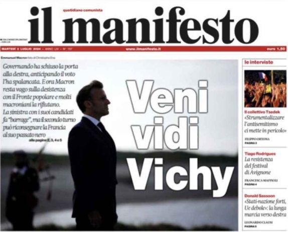 italian newspaper Il Manifesto's front page, titled "Veni Vidi Vichy", referecing french government who collaborated with the Nazis during WWII, next to Macron's silhouette