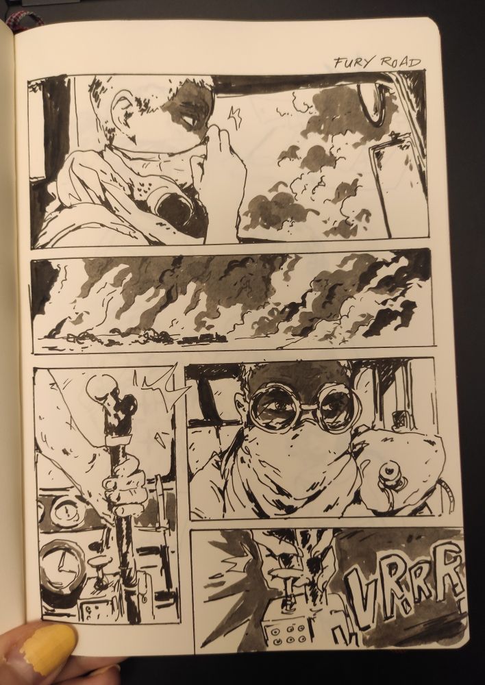 Pic of a sketchbook page with ink drawings on it : study of a scene from Mad Max Fury Road, in comic form