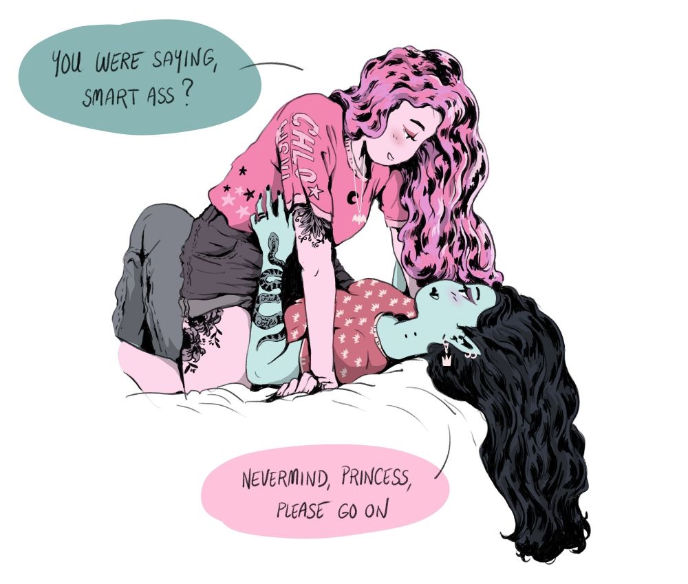 Bubblegum & Marceline from Adventure Time, in my style, wearing modern clothes, on top of each other on a bed, teasing/playing in a loving way