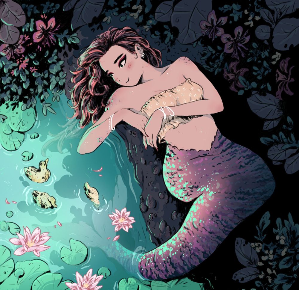 Drawing of a mermaid resting, lying on the ground of a quiet cove, surrounded by plants and flowers, part of her tail and hair in water, while she gently watches three ducklings swimming among the lotus flowers