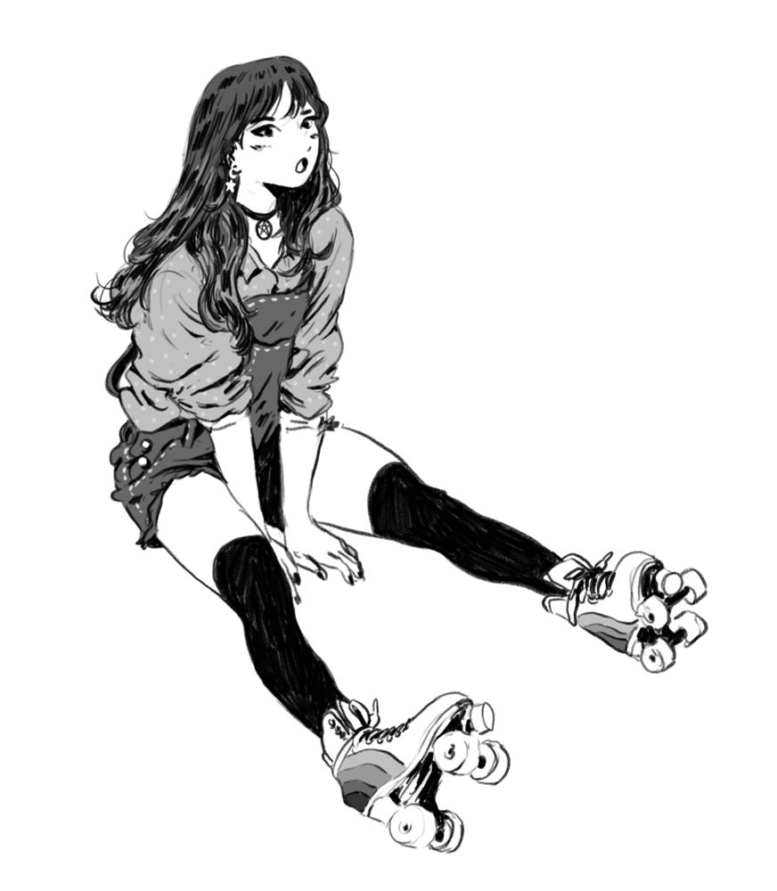 sketch drawing, study of a pic
woman sitting on the floor, legs straight in front of her, she's wearing roller skates, short overalls, a shirt with dots on it, she has long dark hair, a necklace with a pentagram, star shaped earrings
she's leaning forward, hands on the ground between her legs