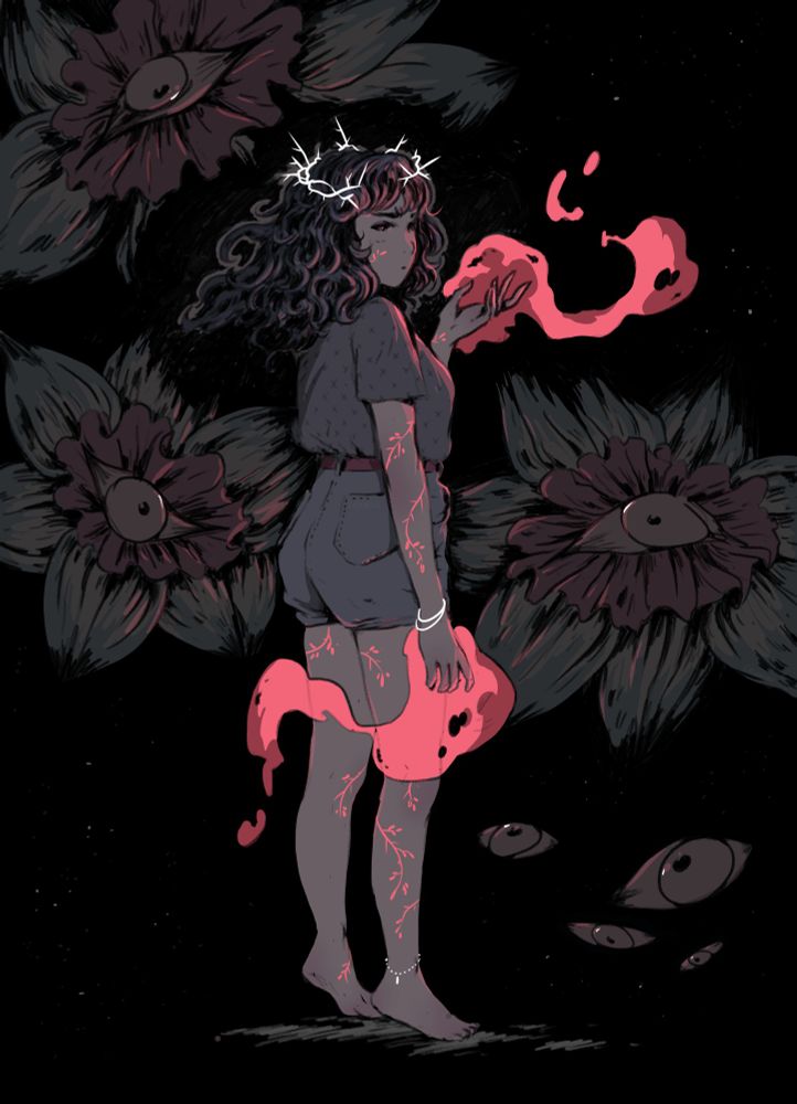 Colored piece, drawing of a woman in modern clothes, jean shorts,t shirt, barefoot, with a crown of thorns on her head, wielding magic, giant flowers with an eye at their center in the dark background