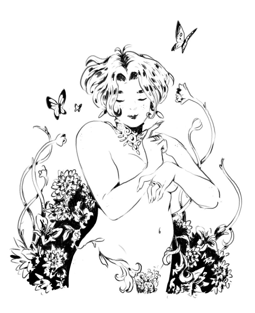 black and white drawing of a naked nymph among flowers, eyes closed, wearing only some pieces of jewelry around the neck, rings, earrings