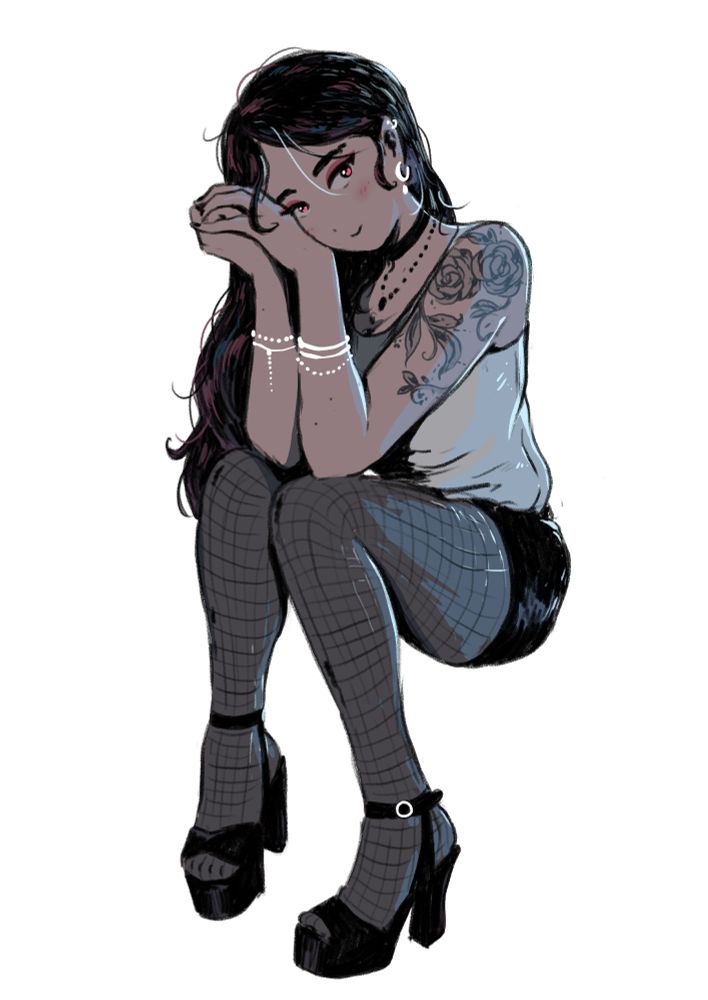 Color piece, drawing of a woman sitting, wearing a night out outfit, high heels, tights, short black skirt, white top, bracelets on both her arms, flower and leaves tattoo on left shoulder and arm, choker necklace, long hair, head tilted resting on her joined hands, giving a very seductive look, eyes glowing red/pink
She’s clearly a vampire