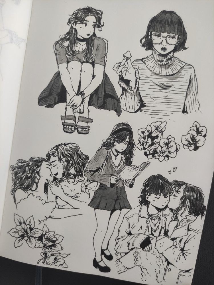 sketchbook page with several ink drawings of women (studies from pics) on it : one sitting, arms around her knees ; one holding some crumb of cake in her right hand, she has big glasses and a dark bob cut with bangs ; one standing up, wearing a skirt, some kind of cardigan, reading a book ; two lesbian couples cuddling and kissing 
