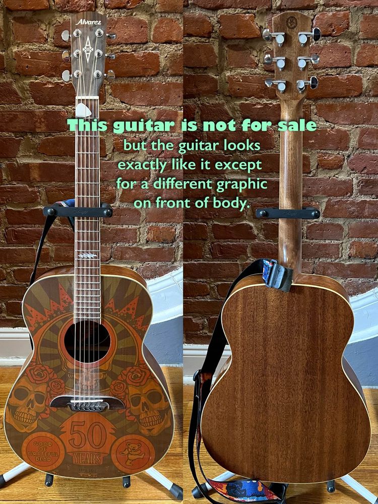 (Original Alvarez description): The Grateful Dead’s relationship with Alvarez began in the 1980s, when both Jerry Garcia and Bob Weir collaborated with Alvarez luthiers to create their own signature models. The team experimented with many shapes, from dreadnoughts to jumbos, and incorporated favorite attributes from both bandmates, like a Modulus neck and Tree of Life inlay. These designs culminated in Bob Weir’s WY1BW, the result of years of fine-tuning, which Bob still plays today.

As part of Alvarez’s 50th Anniversary they have created this special guitar (with two artwork options) to commemorate this long-time collaboration with the iconic Rock and Roll Hall of Famers. Grateful Dead enthusiasts will love the official artwork, applied to the cedar tops by an innovative screen printing process, and all guitarists will appreciate the fine construction, playability and tone of these instruments. The Grateful Dead 50th Anniversary acoustic features a solid A grade western red cedar top, screen-printed under a flawless satin finish.

Other appointments include custom mother-of-pearl “Lightning Bolt” inlays, the band’s iconic Dancing Bear on the back of the headstock, a rosewood fingerboard and bi-level bridge and 12th fret lightning bolt inlay. Both models are constructed using the Alvarez FST2M hand-finished, forward-shifted, scalloped bracing system for optimal performance and response.

Inspired by classic Grateful Dead images, the custom artwork designs on these guitars have been applied using a custom screen printing process. Thanks to Mother Nature, each guitar top varies slightly in both grain and color, making every Alvarez Grateful Dead guitar a unique instrument, just like every Grateful Dead concert was its own unique experience.Description from VintageSilvertones.com

