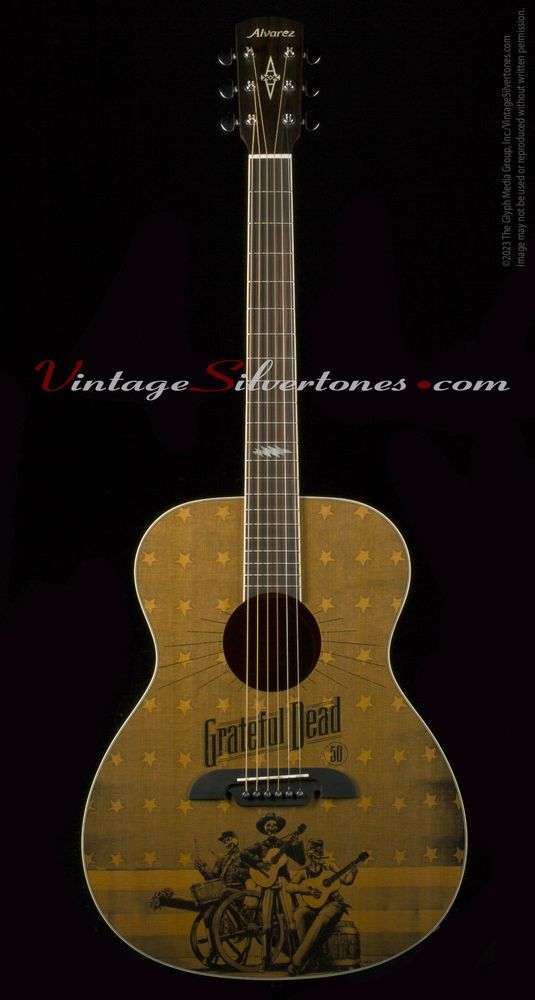 (Original Alvarez description): The Grateful Dead’s relationship with Alvarez began in the 1980s, when both Jerry Garcia and Bob Weir collaborated with Alvarez luthiers to create their own signature models. The team experimented with many shapes, from dreadnoughts to jumbos, and incorporated favorite attributes from both bandmates, like a Modulus neck and Tree of Life inlay. These designs culminated in Bob Weir’s WY1BW, the result of years of fine-tuning, which Bob still plays today.

As part of Alvarez’s 50th Anniversary they have created this special guitar (with two artwork options) to commemorate this long-time collaboration with the iconic Rock and Roll Hall of Famers. Grateful Dead enthusiasts will love the official artwork, applied to the cedar tops by an innovative screen printing process, and all guitarists will appreciate the fine construction, playability and tone of these instruments. The Grateful Dead 50th Anniversary acoustic features a solid A grade western red cedar top, screen-printed under a flawless satin finish.

Other appointments include custom mother-of-pearl “Lightning Bolt” inlays, the band’s iconic Dancing Bear on the back of the headstock, a rosewood fingerboard and bi-level bridge and 12th fret lightning bolt inlay. Both models are constructed using the Alvarez FST2M hand-finished, forward-shifted, scalloped bracing system for optimal performance and response.

Inspired by classic Grateful Dead images, the custom artwork designs on these guitars have been applied using a custom screen printing process. Thanks to Mother Nature, each guitar top varies slightly in both grain and color, making every Alvarez Grateful Dead guitar a unique instrument, just like every Grateful Dead concert was its own unique experience.Description from VintageSilvertones.com

