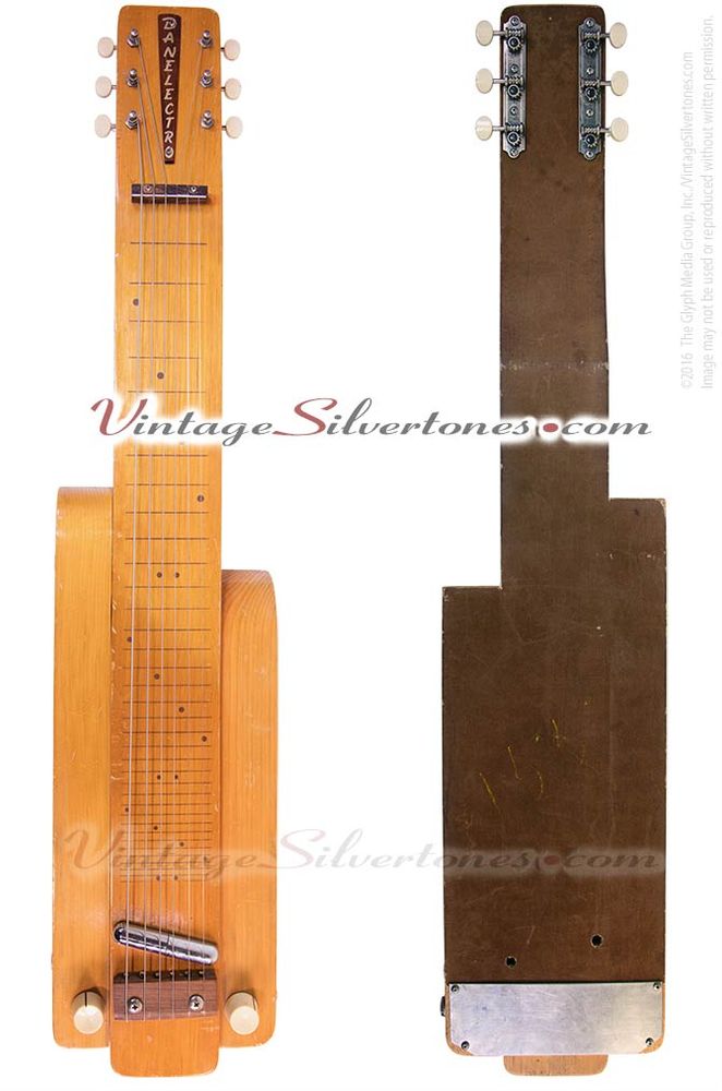 This is a Danelectro model S61 lap steel/slide guitar made in New Jersey in 1958. It features a solid body construction, an Art-Deco-ish design, a natural finish, one single coil, lipstick-tube-style pickup, a fixed wooden bridge that is also a palm rest, a neck-through type of design, and a wood and metal nut. This lap steel is very clean and in great shape. It comes with a hard shell case. Get this classic while you can and acquire the beautiful, haunting sound of the lap steel. Description from VintageSilvertones.com