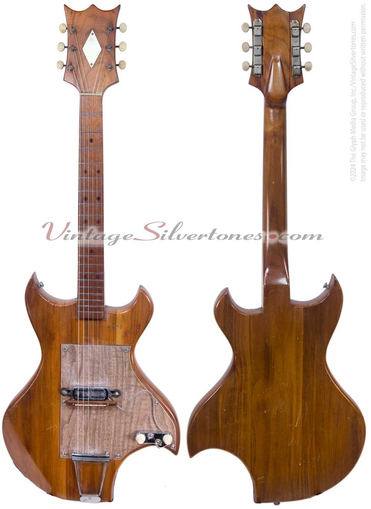 Custom-made “Wild-style” electric guitar with one pickup, walnut solid body circa 1965. Another truly unique, one-of-a-kind homemade electric guitar from the hills of Appalachia. This may have been a luthiers first project or a home-hobbyist woodworker stretching their skills. Either way it is well put together but needs some refinement if you’re going to play it regularly. The bridge butts right up to the pickup in order to intonate it. The action is medium, possibly slightly high but playable. The neck is wide. So if you like a fat-baseball-bat style, this is your guitar. It’s great for open-chords but might need a refret if you’re going to play up the neck regularly. The electronics are all mounted on a piece of wood-grain Formica. The body is what makes it truly unique and feels like a precursor to the wild Teiscos or later the BC Rich’s. You can play this guitar as is or strip it of the vintage parts for your own project. The pickup, tuners, knobs, tailpiece, and strap-pin are all worth the listed price. Description from VintageSilvertones.com

The guitar is playable and the electronics work correctly. The DeArmond pick sounds great and the tone and volume controls work properly. The jack is 1/8 inch. So a cord with adapter is included to make it playable out of the box. (Or, just pop over to Radio Shack to get the actual cord!) The pickup is very strong with a great raw twang to it. It’s definitely the kind of guitar that gets attention when played live or in the studio. It will also work well as a slide guitar. It’s definitely a fun guitar to play and will work for a variety of styles that needs a bold, twangy tone. Description from VintageSilvertones.com