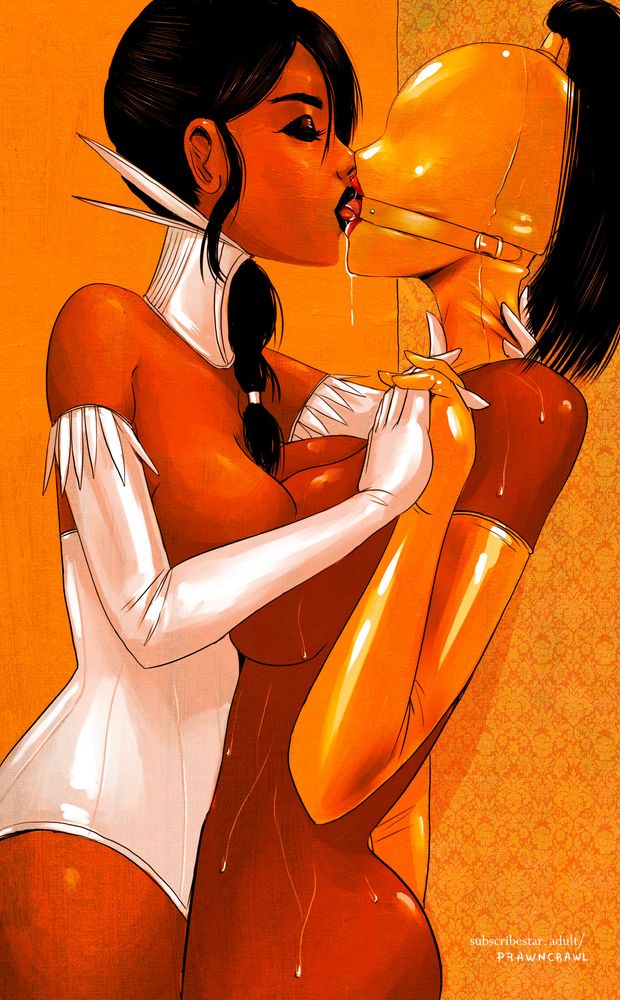 two women, one in a latex hood and ring gag, kissing