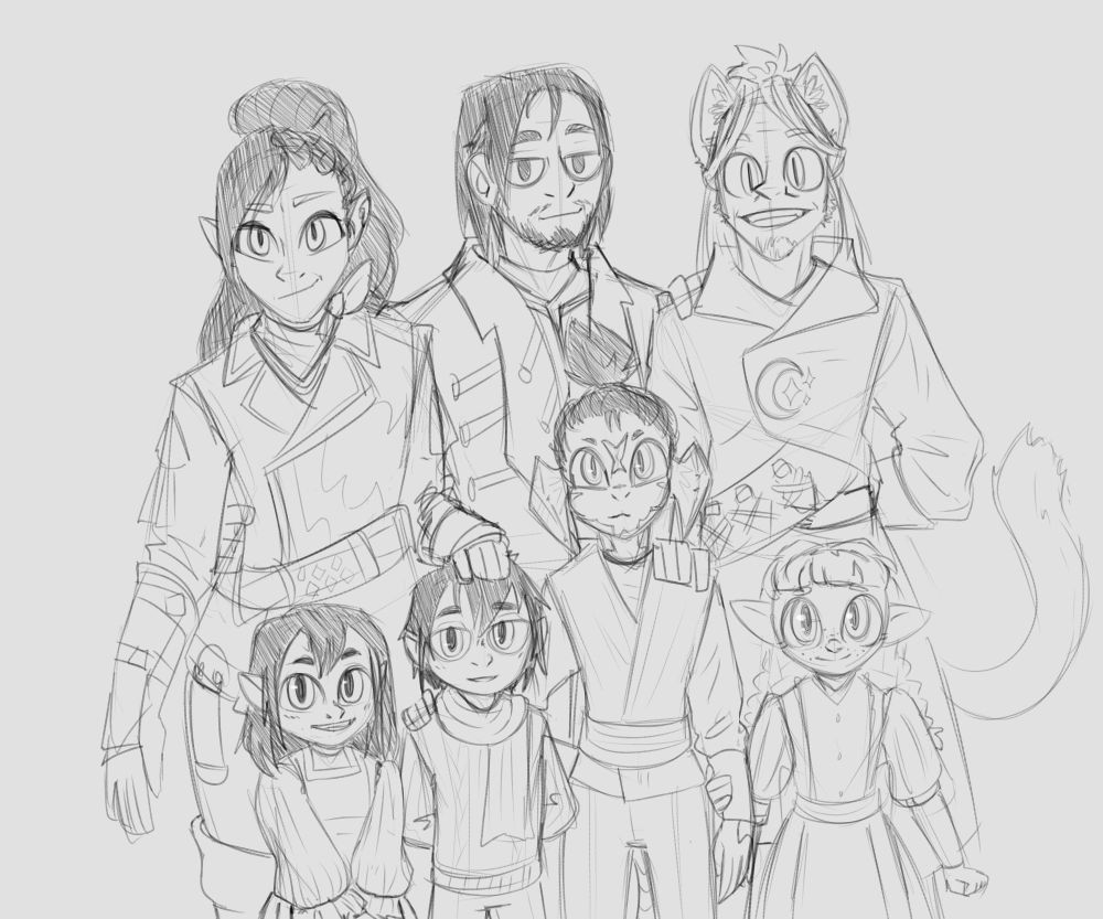 Uncolored Sketch drawing of seven people, three adults and four children. Left to right is the character Hilda from FFXIV, with black hair and slightly pointed ears, a Hyur/human man with black hair, and a Miqo'te with light hair. In front of them are the four children. Left to right is a girl with black hair and pointed ears, a boy with black hair and pointed ears, a Raen Au Ra boy with black hair, and an Elezen/elf girl with light hair. 
