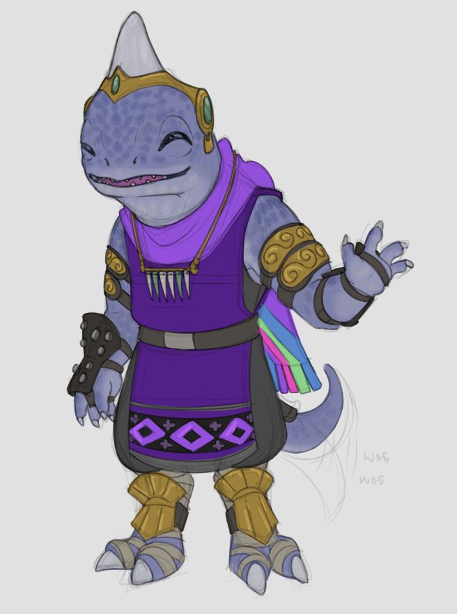 A drawing of Gulool Ja, a young mamool ja, in a new outfit. It is nicer than his old one, with gold-colored armor pieces, necklace and headdress, and a purple tunic with diamond patterns on the bottom edge of the front. He also has on a purple scarf with multicolor stripes at the end, and leather arm guards with silver studs. He is smiling and waving, and the sketch implies his tail is wagging happily