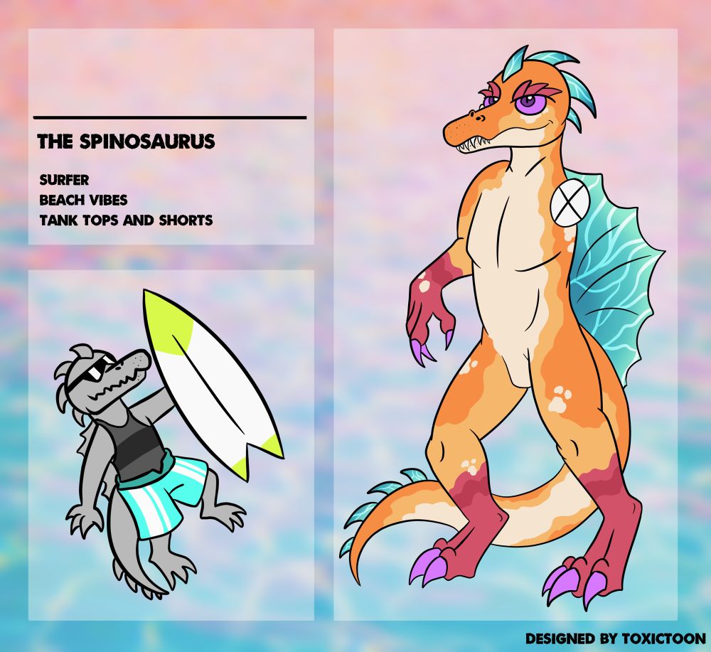 A character for a design challenge, I choose what they wanted from their list and ended up with a spinosaurus with beach vibes. Warm colors and water effects for the character

Character (c) CogitoErgoSum