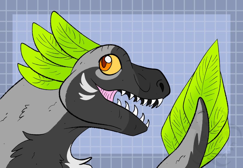 Headshot (and tail) drawing of a grey dromaeosaur with green feathers

Chaser (c) Meowzee