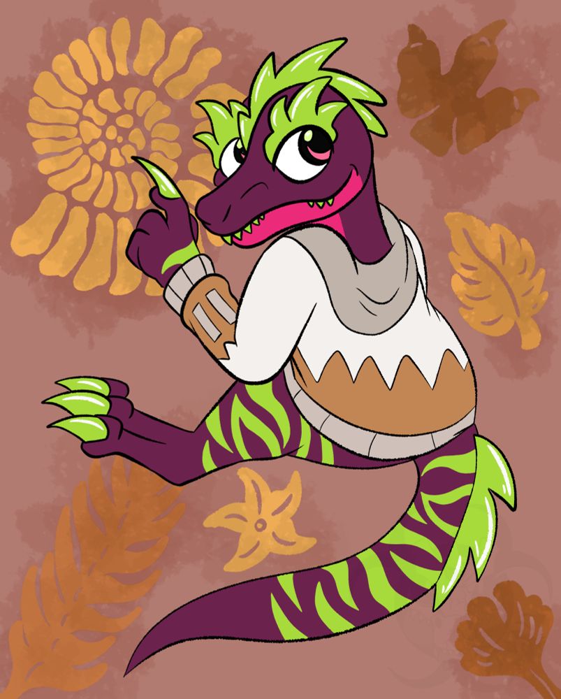 Purple and green theropod dinosaur in a hoodie with a fossil background 

Coleus (c) AndroArt_