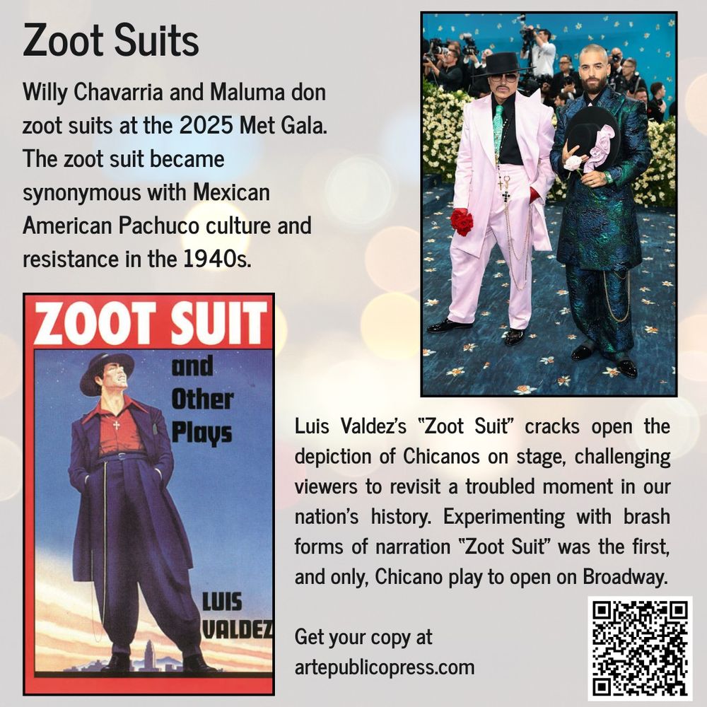 Top right: Willy Chavarria and Maluma wearing zoot suits at the Met Gala. Bottom left: Cover of Luis Valdez's play, Zoot Suit, with a pachuco wearing a zoot suit.