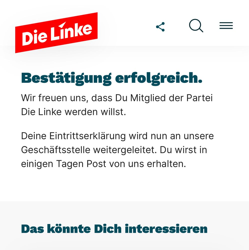 Anmeldebestätigung Parteimitgliedschaft Die Linke