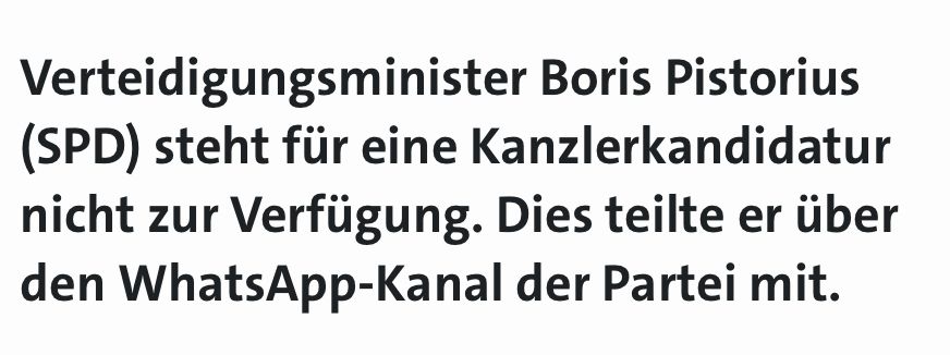 Screenshot von Eilmeldung zum Verzicht des Verteidigungsministers auf die SPD-Kanzlerkandidatur