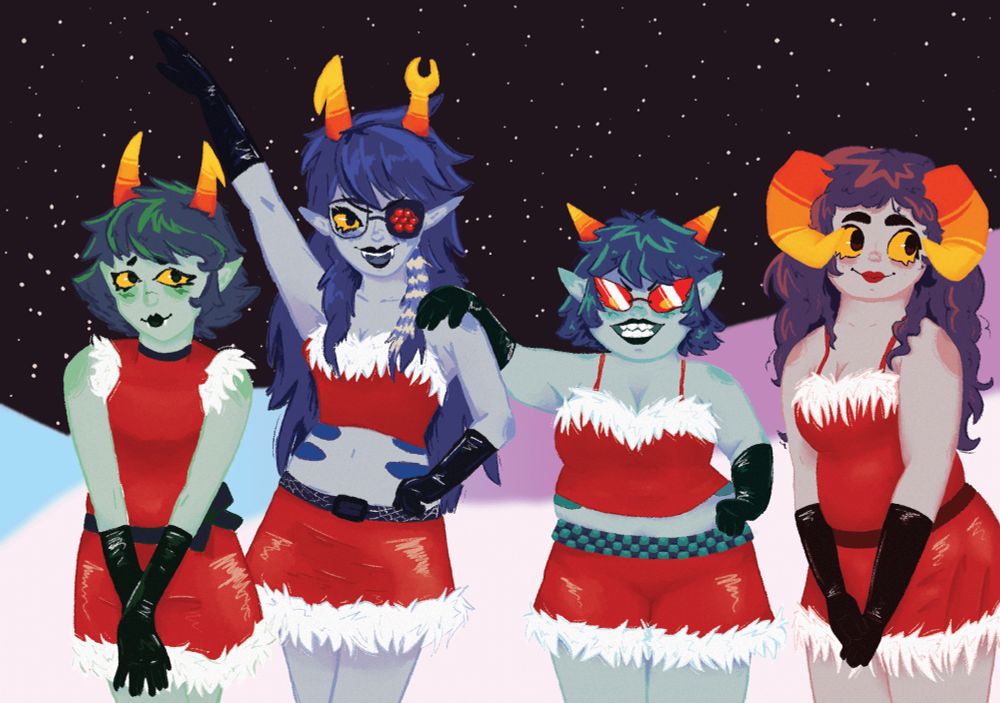 Mean Girls (2004) "Jingle Bell Rock" outfits on four troll girls from homestuck: Kanaya (as Gretchen), Vriska (as Regina), Terezi (as Cady), and Aradia (as Karen). They are all mostly in their individual colour pallets and their outfits are slightly different from one another. Kanaya has a more modest dress cut only at her arms but it goes to her neck, Vriska has a cropped singlet shirt and two sets of grub scars are shown, Terezi has a longer singlet but some of her stomach is shown with one set of grub scars partially shown and instead of a skirt she has shorts, and aradia has a simple singlet shirt that covers her entire abdomen. 