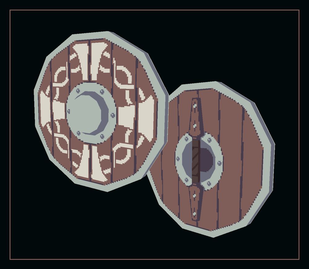A low poly 3D model of a wooden shield with a metal frame and boss. White patterns are painted on the front. The textures are pixel art.
