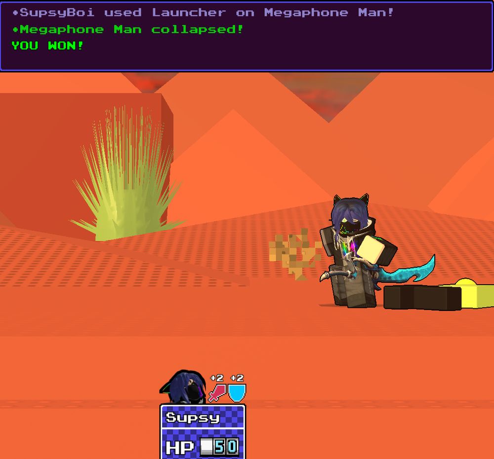 there is a person standing triumphantly in a desert scene. a box at the top of the image details them firing a rocket launcher at a megaphone man, which caused him to collapse and for the person to claim victory.
their attack and defense are both boosted by 2, and their HP is full, being at 50 out of 50.