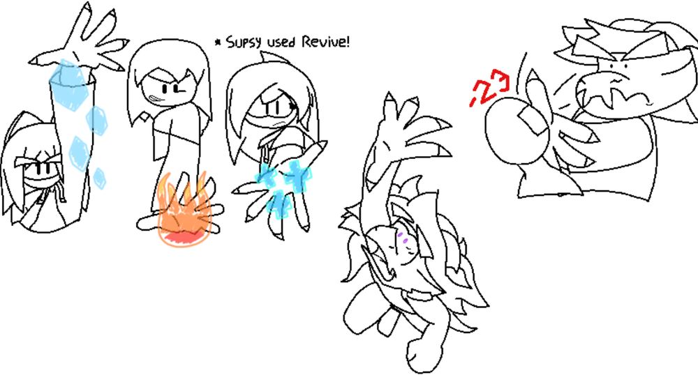five instances of people with referenced hand drawings.
the far left person is reaching a hand up and is dropping ice magic from their hand.
the person to their right is reaching a hand down, holding a fireball with a determined look on his face.
the middle person is reaching a hand to the camera, using a revive spell.
the dragon in the middle is falling, a fearful look on his face as he reaches upwards.
on the far right is another dragon with an angry face that is slapping a training dummy. the dummy has taken 23 damage from the slap.