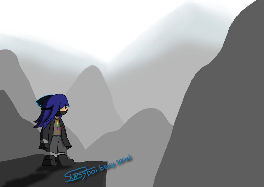 a person with a mask over their mouth is standing on a cliff face, looking out at a mountain range that gets foggier as it goes into the background.