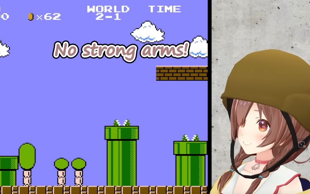 print do corte da korone jogando mario falando em inglês, com legenda por JShay Translations: "No strong arms!"