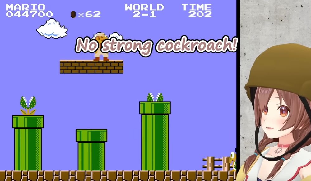 print do corte da korone jogando mario falando em inglês, com legenda por JShay Translations "No strong cockroach!"
