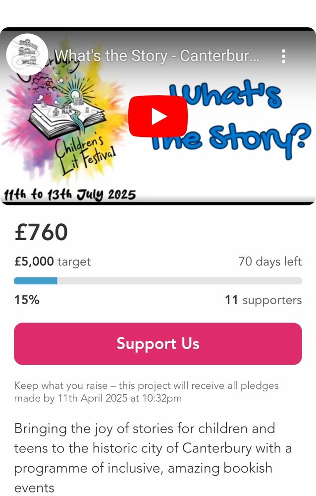 A screenshot of the Canterbury Childrens literature Festival crowdfunder, currently at 15% of its £5000 target 