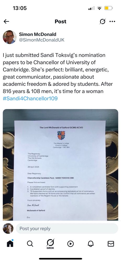 A letter to the Registrary at Cambridge University nominating Sandi Toksvig for Chancellor