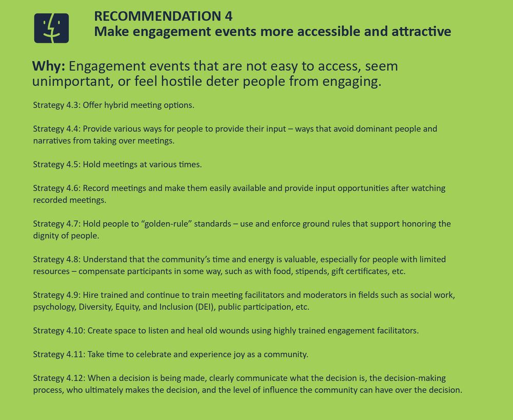 Slide titled ‘RECOMMENDATION 4: Make engagement events more accessible and attractive.’ It explains that inaccessible, unwelcoming, or hostile events deter engagement. Below are ten listed strategies, such as offering hybrid meetings, holding meetings at various times, recording and sharing meetings, enforcing respectful ground rules, compensating participants, training facilitators, and clearly communicating decision-making processes.