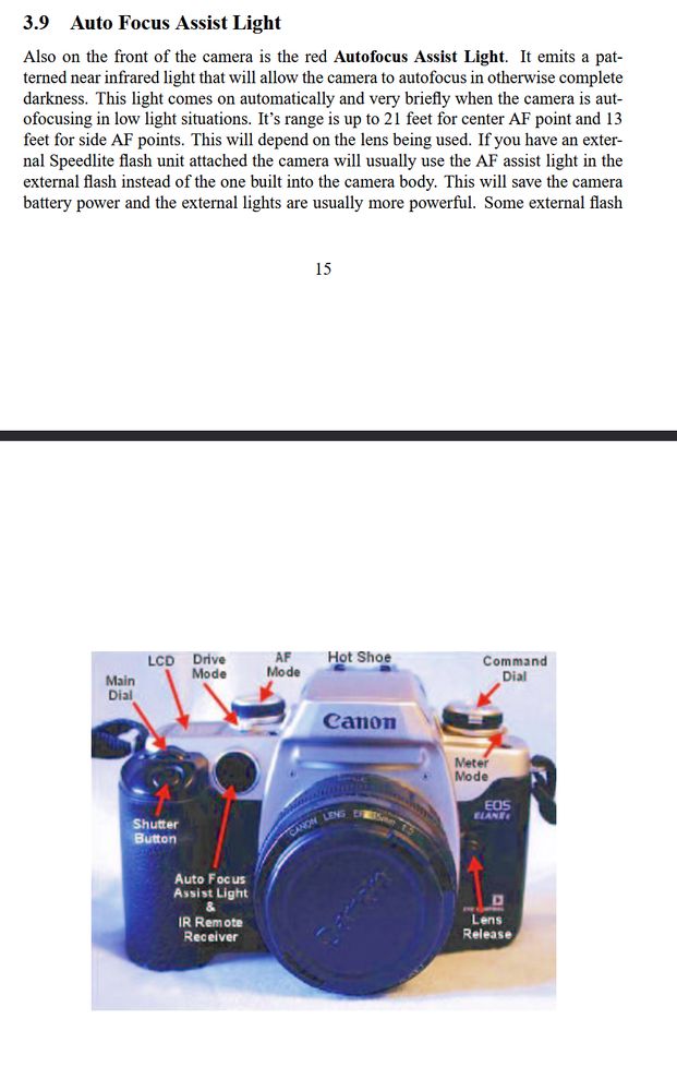 3.9 Auto Focus Assist Light
Also on the front of the camera is the red Autofocus Assist Light. It emits a patterned near infrared light that will allow the camera to autofocus in otherwise complete darkness. This light comes on automatically and very briefly when the camera is autofocusing in low light situations. It's [sic] range is up to 21 feet for center AF point and 13 feet for side AF points. This will depend on the lens being used. If you have an external Speedlite flash unit attached the camera will usually use the AF assist light in the external flash instead of the one built into the camera body. This will save the camera battery power and the external lights are usually more powerful. Some external flash (the rest of the text was left out of the screenshot)