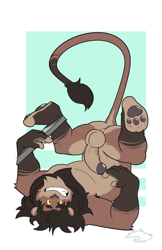 A nude anthropomorphic brown lion on his back after after a wardrobe malfunction. He's smiling at yhe viewer