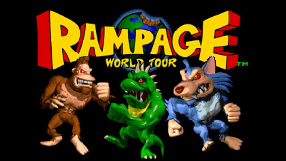 Cover are for a video game known as rampage: world tour. It has a globe with a bite taken out of it. As well as 3 monsters. A large gorilla, dragon and werewolf