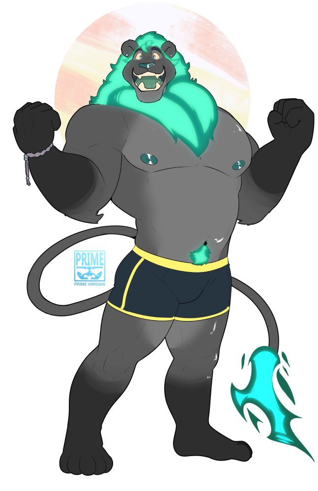 A buff lion with glowing blue flames as a main and a tail