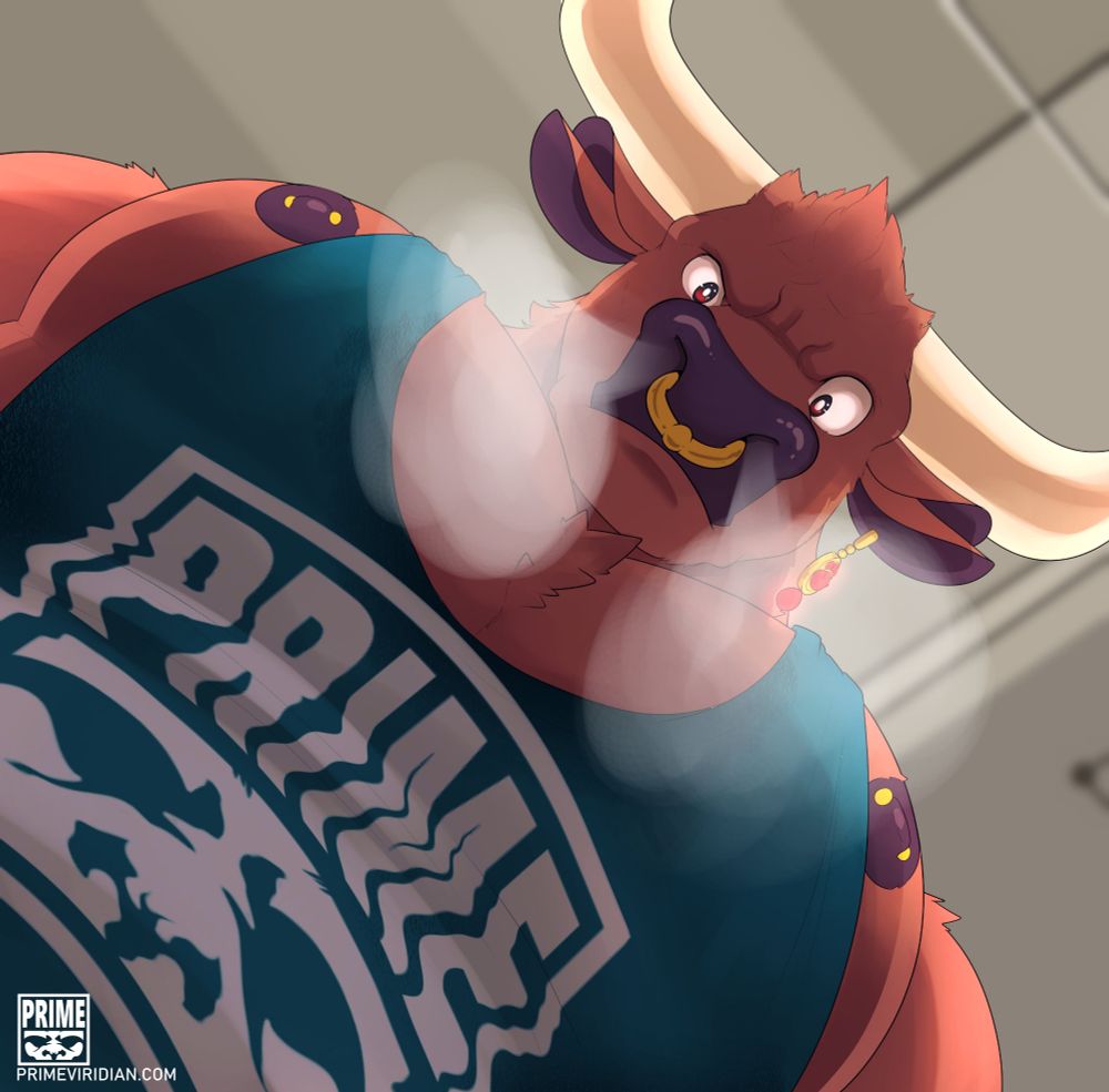 Worms eye view of a minotaur with massive pecs in a gym tank top. He's looking down at the viewer with an confused expression. His nipples are peaking out of his shirt.