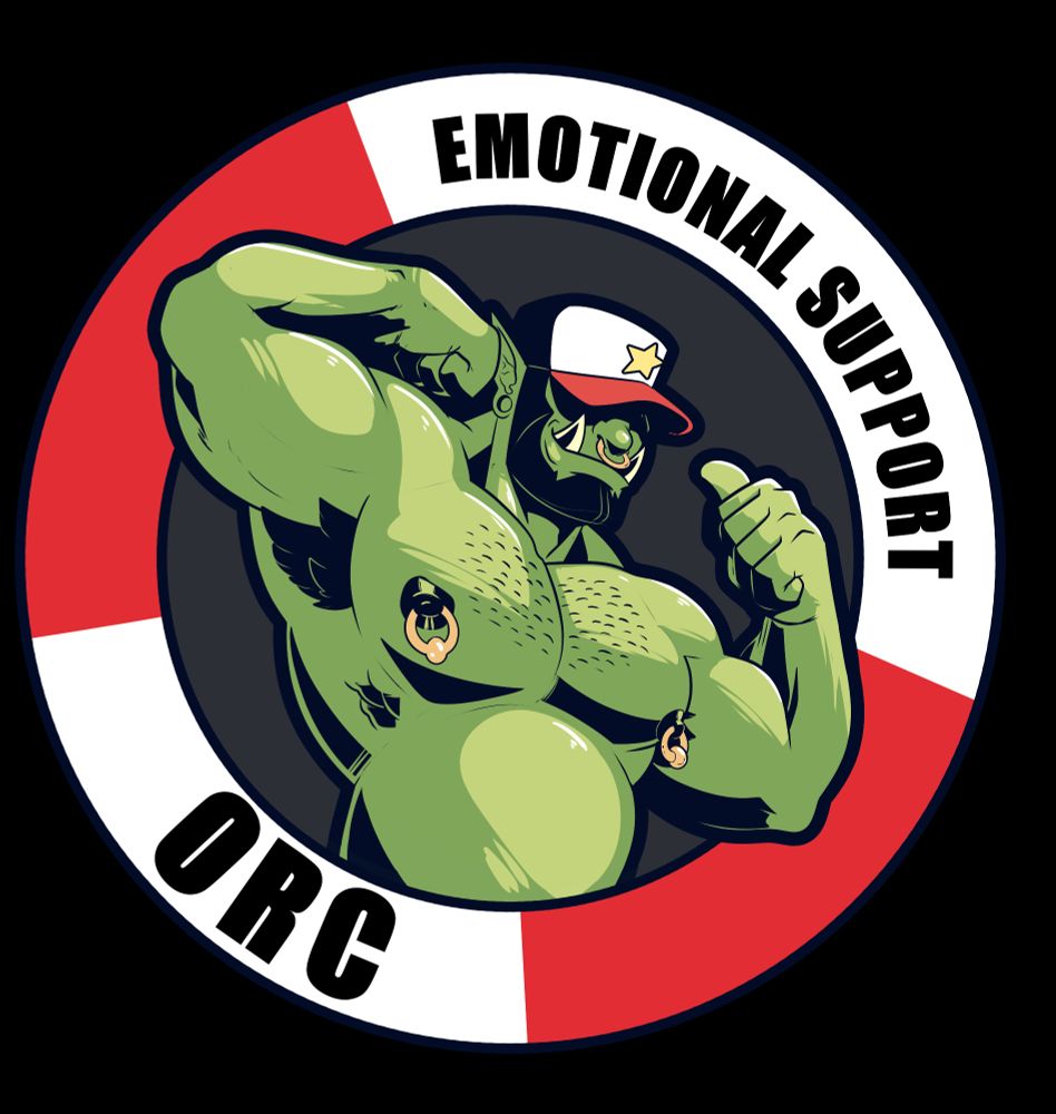 An orc flexing, he's wearing a ballcap on, securing his eyes around him is a ring that reads "emotional support orc"