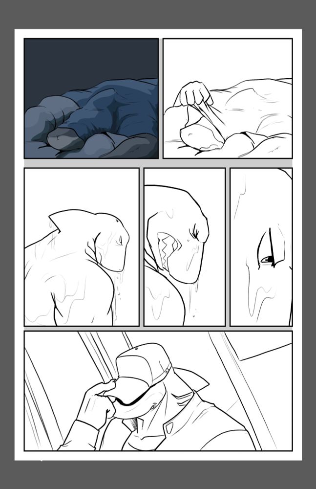 a Comic WIp of a shard waking up taking a shower and leaving their apartment