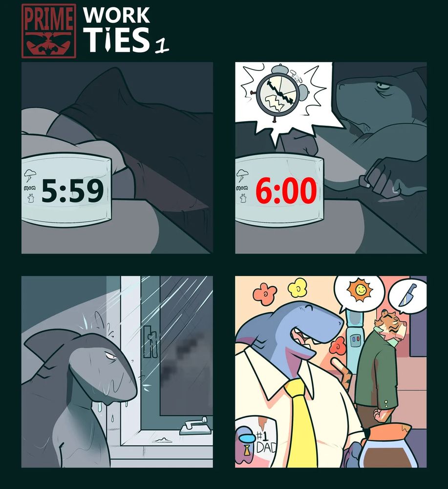 fourpanel comic of shark waking up in a horrible mood but being happy while he's at work