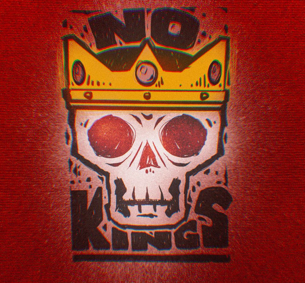 A stylized logo showing a skull wearing a crown sitting in the center of the phrase “No kings.”