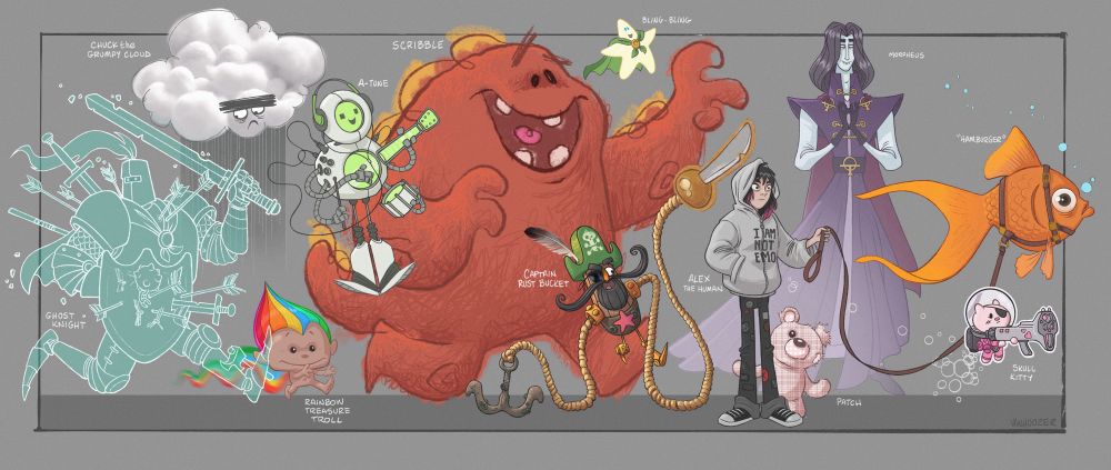 Early concept art of a human character surrounded by her childhood imaginary friends. This scene includes a ghost knight, rainbow troll, grumpy storm cloud, music robot, crayon scribble monster, magical robotic pirate, a human named Alex, a sexy brooding vampire, giant pet goldfish, cutesy death cat, a magical star, and her old teddy bear.