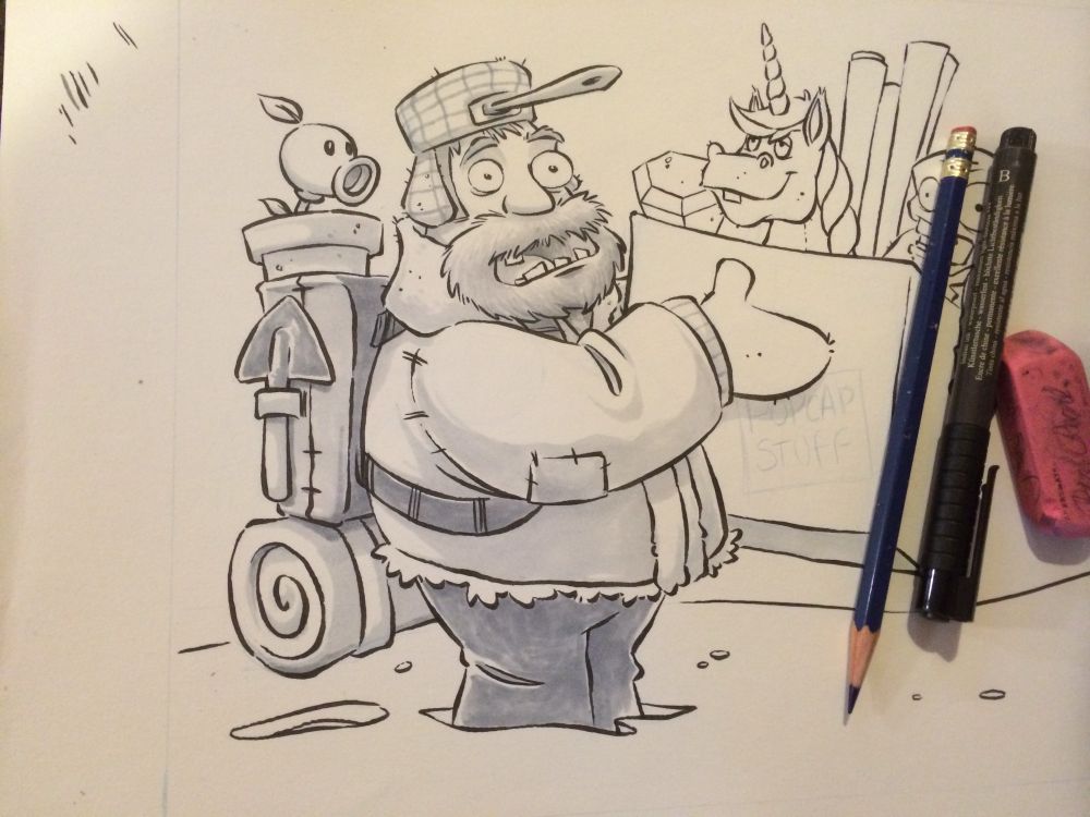 Sketch of the Crazy Dave character (from PvZ) standing in the snow with a box full of PopCap Stuff, and  Peashooter on his shoulder.