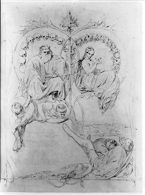 Allegorical image of a king surrounded by skulls, a woman surrounded by a garland, with three men below